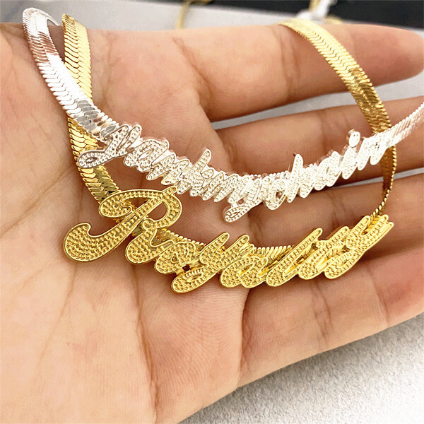 Personalized diamond cut name jewelry suppliers custom gold herringbone nameplate chain necklace vendors